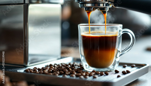 Close-up of espresso machine pouring steaming coffee into clear double-walled glass mug.

 photo