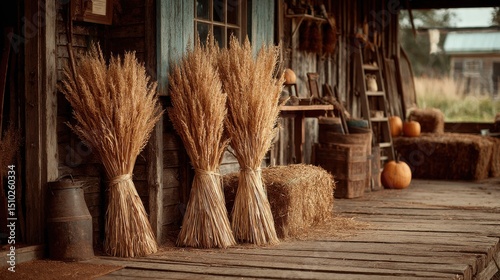 Dried cornstalks bundled in old-fashioned farm setting 