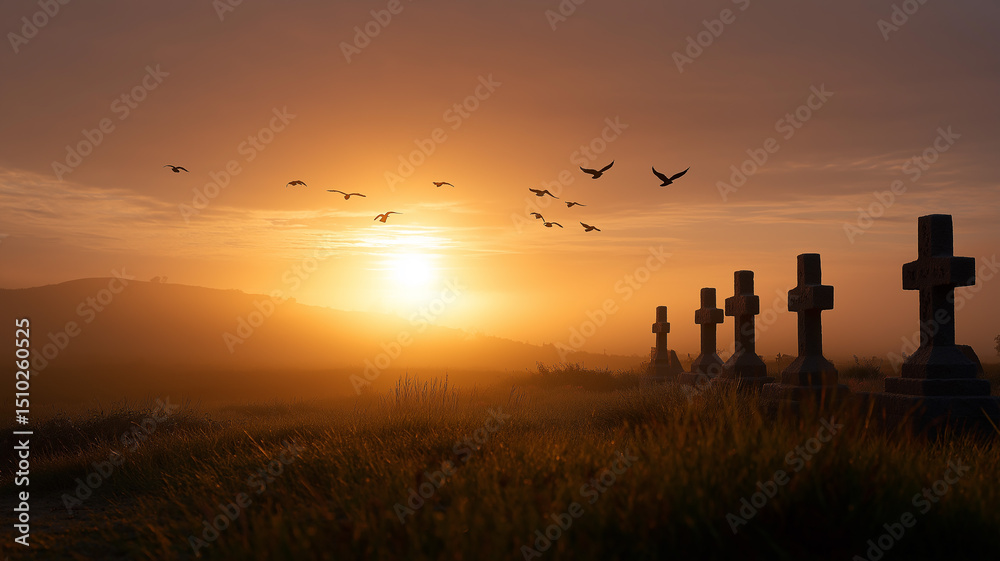 Fototapeta premium Misty graveyard sunrise with birds flying over stone crosses, golden fog and soft light, theme of peace and freedom, cinematic landscape photo