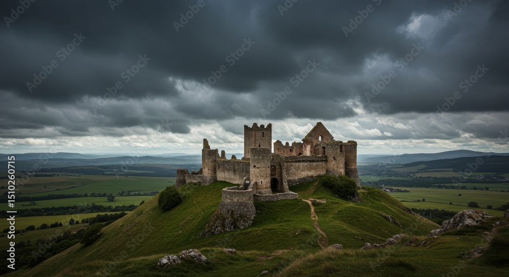 Majestic Castle Ruin Hilltop Landscape - A majestic castle ruin sits atop a verdant hill, under a dramatic cloudy sky. The symbolizes history, resilience, time, nature's power, and solitude Majestic Castle Ruin Hilltop Landscape - A majestic castle ruin sits atop a verdant hill, under a dramatic cloudy sky. The symbolizes history, resilience, time, nature's power, and solitude
