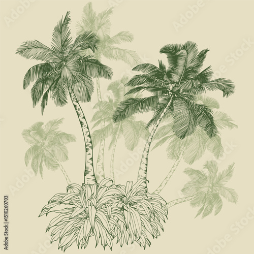 Tropical coconut palm trees. Hand drawn green elements for design. Botanical illustration in line art style.