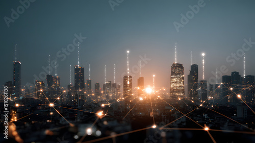 Urban Network at Dusk: A stunning cityscape glows with interconnected lights as the day fades, highlighting the technological infrastructure weaving through the metropolis.