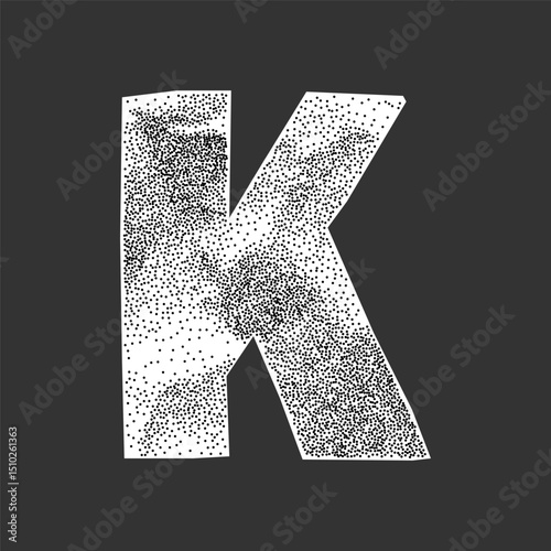 K shaped cutout from textured crumpled paper. Grunge halftone shading, gritty dotted effect, ransom letter collage design.