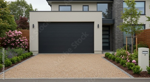 Wallpaper Mural Modern Home Garage and Driveway - Stylish modern home with a dark gray garage door and a light beige resin driveway, landscaped garden Torontodigital.ca