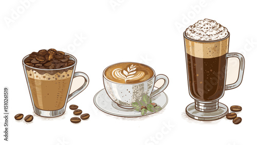 Artisanal Coffee Drinks cold brew, latte, Vector Illustration.