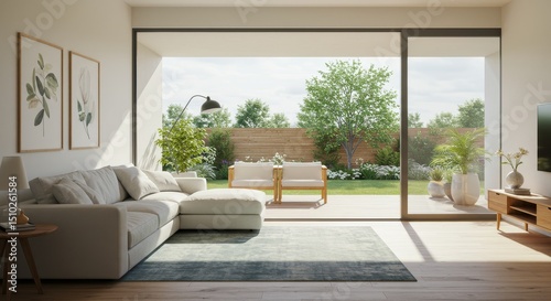 Modern Living Room with Garden View - Bright  airy living room with large sliding glass doors opening to a sunny garden. Comfortable sectional sofa and outdoor seating create a relaxing atmosphere