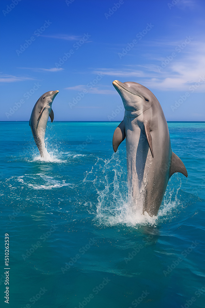 Naklejka premium Two Dolphins Soaring Above the Ocean, Splashes of Water Under a Clear Sky