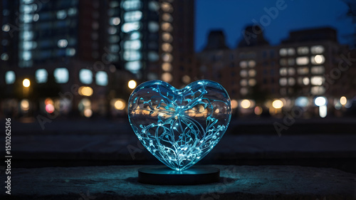 Glowing Glass Heart in City Nightscape