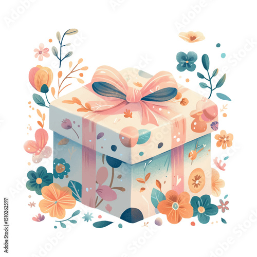 Delicate gift box adorned with flowers and a ribbon in pastel colors offers joy and celebration