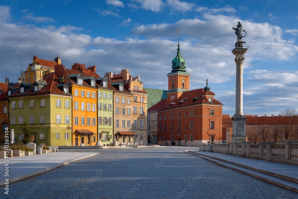 Obraz premium Historical European square displays colorful buildings, architectural details, and cobblestone