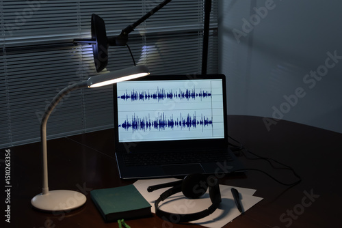 Set up listening and audio recording: a laptop with audio wave display, directional microphone, headphones and writing materials on the table. The concept of surveillance, podcasting,
