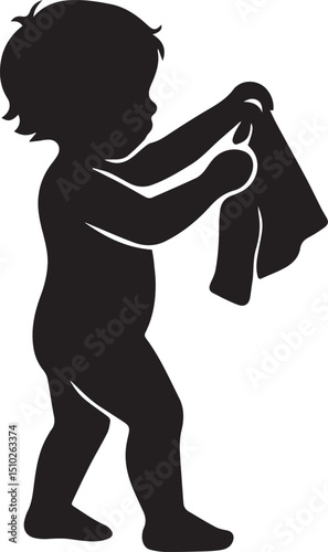 Child getting dressed silhouette vector art illustration type isolated on white background