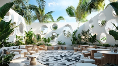 Tropical indoor patio with white walls and circular openings