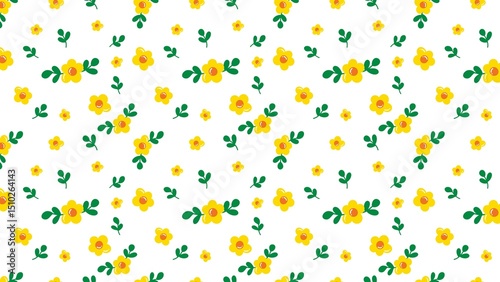 Seamless pattern featuring yellow flowers and green leaves scattered on a white background design style