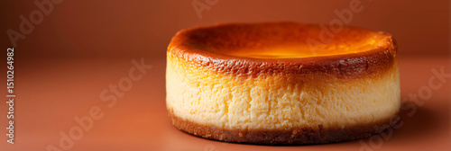 Delicious classic cheesecake with golden crispy surface, dense creamy texture, and rich milky aroma on warm orange-brown gradient background. Studio-style food presentation with soft lighting and subt
