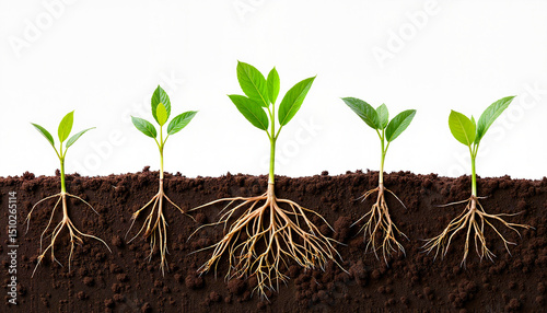 Sprouting plants with roots showing in rich soil on a white background  