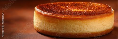 Delicious classic cheesecake with golden crispy surface, dense creamy texture, and rich milky aroma on warm orange-brown gradient background. Studio-style food presentation with soft lighting and subt