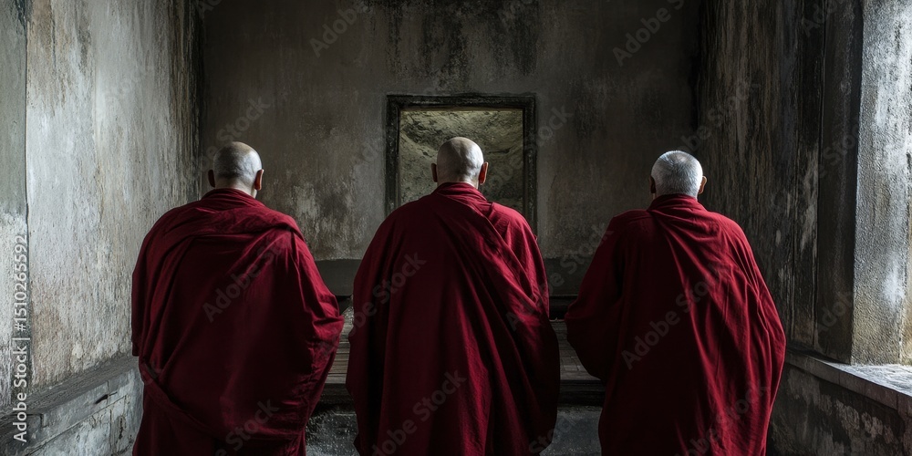Naklejka premium Three Monks Contemplating the Unknown: Three monks in flowing red robes stand before a mysterious framed painting, lost in contemplation, as the aged room whispers tales of history and reflection.