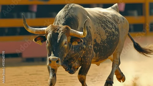 Powerful bull charging in arena, dust swirling, dynamic action shot