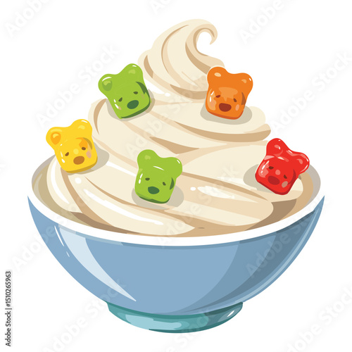 Ice cream bowl with gummy bear topping - vector illustration