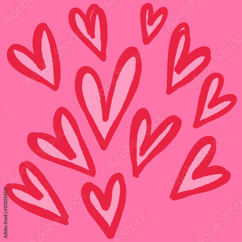 Red hand-drawn hearts on pink background. Valentine's Day decorations, greeting cards, or expressing affection and heartfelt emotions
