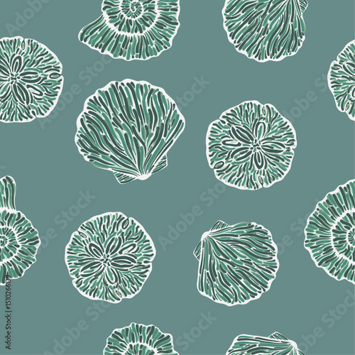 Seamless pattern with artistic shells on green background. Marine themes and natural forms