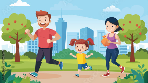 Family Jogging Together Happily Through a City Park with Lush Greenery and Blue Sky