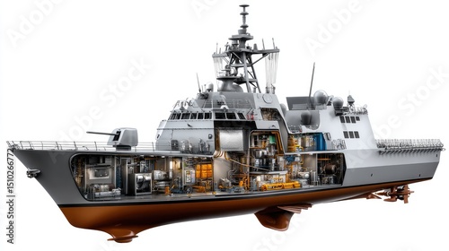 Military warship cutaway view