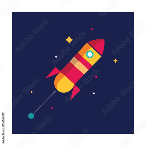 Colorful rocket ship blasting off into space surrounded by stars on a dark blue background