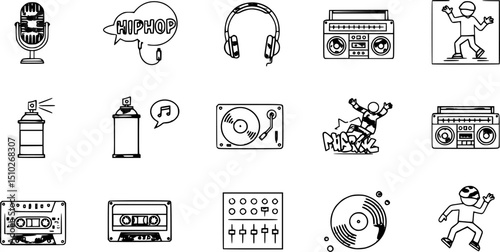 Hiphop icon set. Outline set of hiphop vector icons for web design isolated on white background 