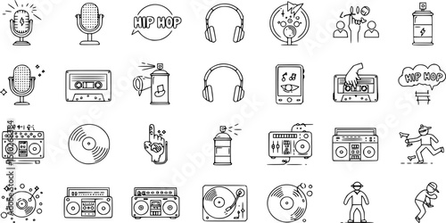 Hiphop icon set. Outline set of hiphop vector icons for web design isolated on white background 