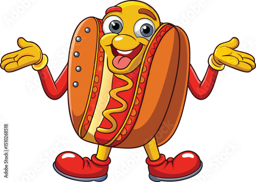 Cartoon hot dog character in retro 70s style. Street food vector illustration. Vintage bratwurst mascot poster.