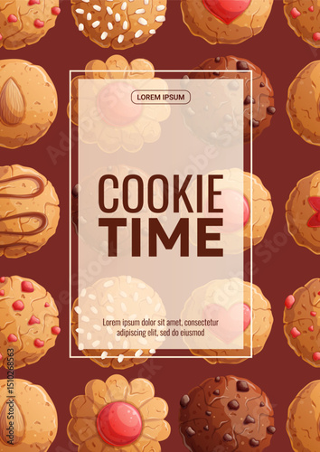 A design template for a flyer for a bakery store. Different types of cookies. The concept of confectionery, cooking, bakery. A4 vector illustration for posters and banners