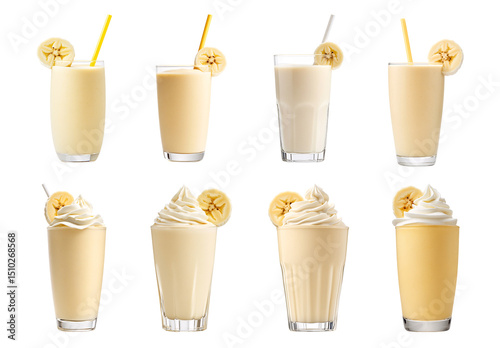 Collection of various a glass of banana milkshake topped with whipped cream and a banana slice isolated on white transparent background PNG set