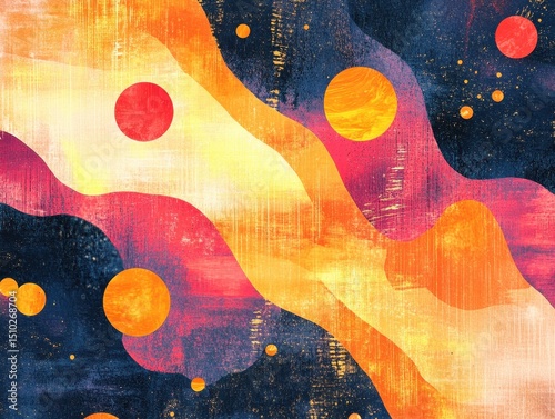 Vibrant Galaxy Swirl: A mesmerizing abstract illustration featuring swirling waves of vibrant orange, yellow, pink, and deep blue, punctuated by celestial circles resembling planets in a cosmic dance. © Joesunt
