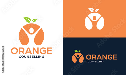 Healthy orange fruits logo design. Abstract orange fruits concept vector design with people therapy symbol graphic icon