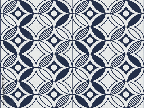 Seamless pattern design with blue geometric shapes, flowers, and dots, a colorful retro textile vector illustration