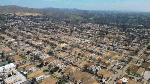 Aerial of ruined residentials after the Pacific Palisades Fire