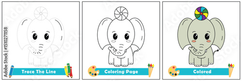 trace and color for kids, coloring book for kids, elephant kawaii vector.