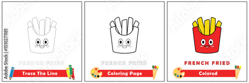 trace and color for kids, coloring book for kids, french fried kawaii vector.