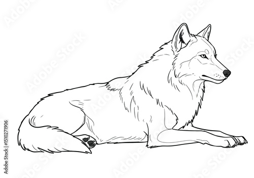 Female wolf sitting drawing. It is a detailed black and white outline illustration of a female wolf sitting gracefully, captured in a realistic line art sketch. Vector sketch line art draw.