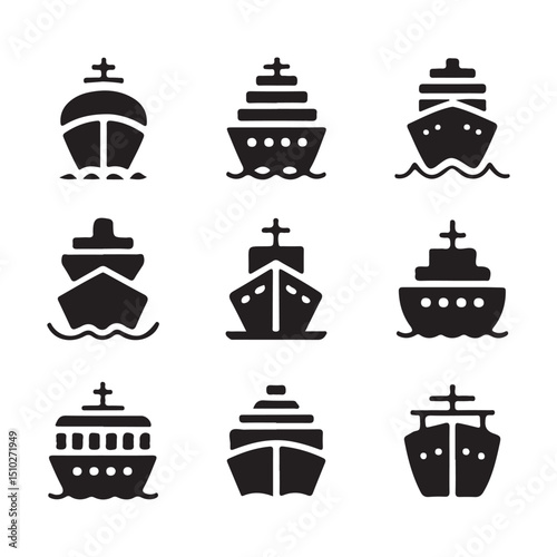 A collection of black and white silhouettes of different types of ships, including cargo ships, cruise liners, and possibly warships.