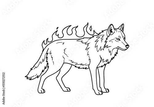 Fire wolf drawing. It is a powerful black and white outline drawing of a wolf with flames along its back, creating a dynamic line art sketch. Vector sketch line art draw.