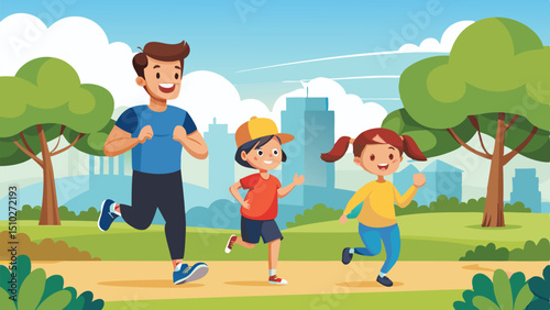 Happy Man and Two Children Jogging Together in a Park with City Skyline