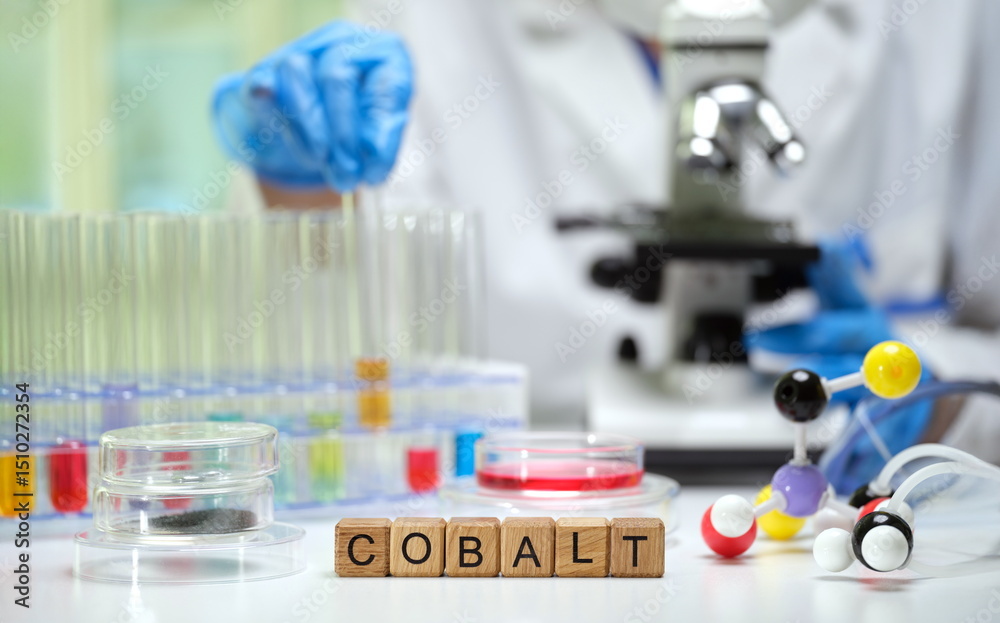 Fototapeta premium A glimpse into a laboratory focused on cobalt, featuring test tubes, a microscope, and molecular models.