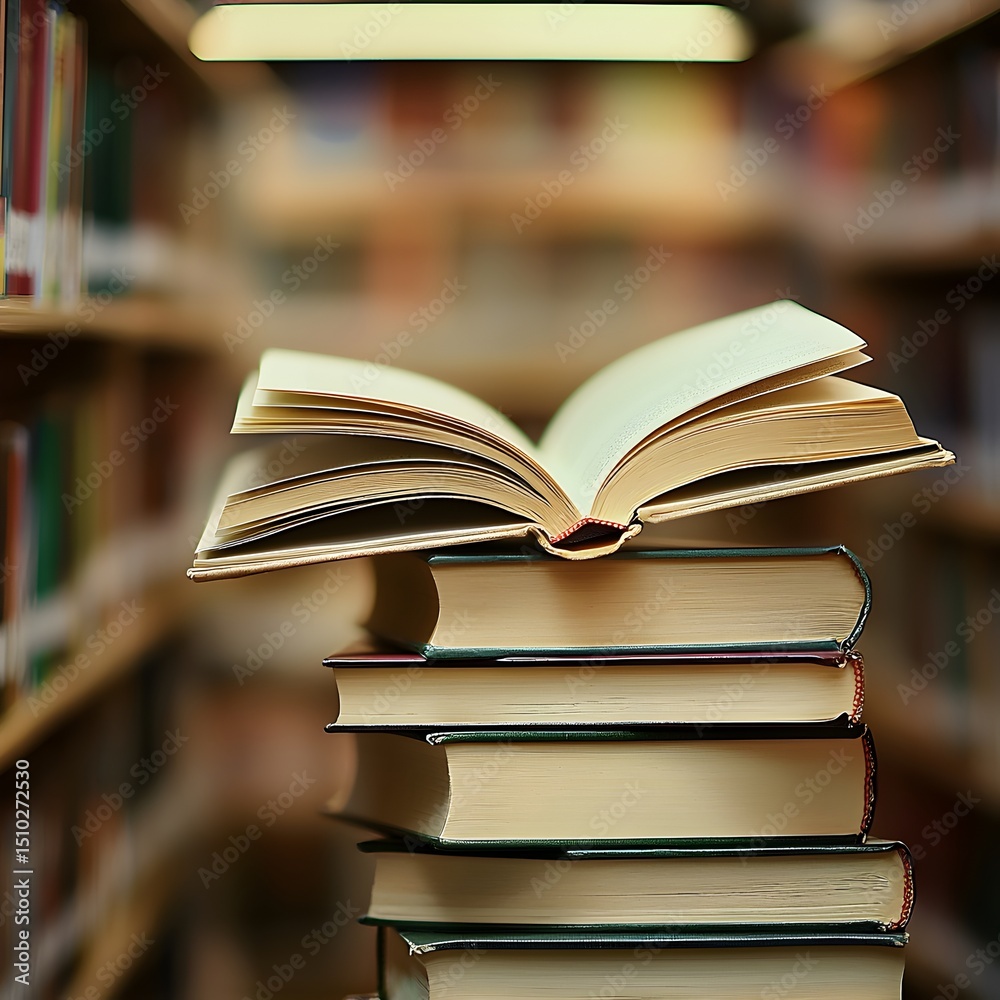 Fototapeta premium Photo of an Open Book on Stack of Books in a Library with Blurred Shelves in Background