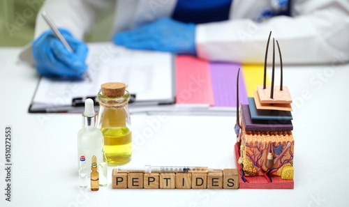 A detailed lab scene featuring various peptides, research materials, and advanced analysis tools for scientific study