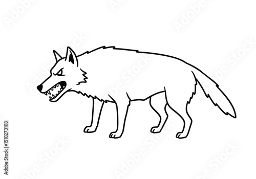 Scary wolf drawing. This image depicts a menacing wolf, a fearsome and intimidating wild canine, with an aggressive and threatening posture. Vector sketch line art draw.