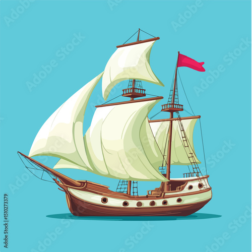 Cartoon Sail Boat Ship Sideview Isolated Vector Illustration for Design Projects