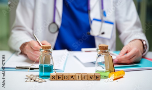Fotografie A clinician prepares sedatives using vials and essential medications laid out on